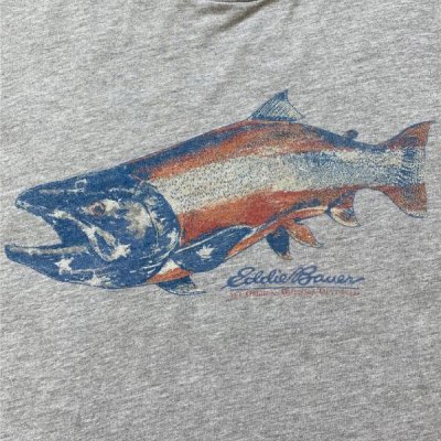 画像1: 「Eddie Bauer(エディーバウアー)」星条旗 シャケプリント 杢グレー Tシャツ