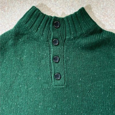 画像1: 「NAUTICA(ノーティカ)」グリーン ハーフボタン ワンポイント刺繍 メランジ ニット