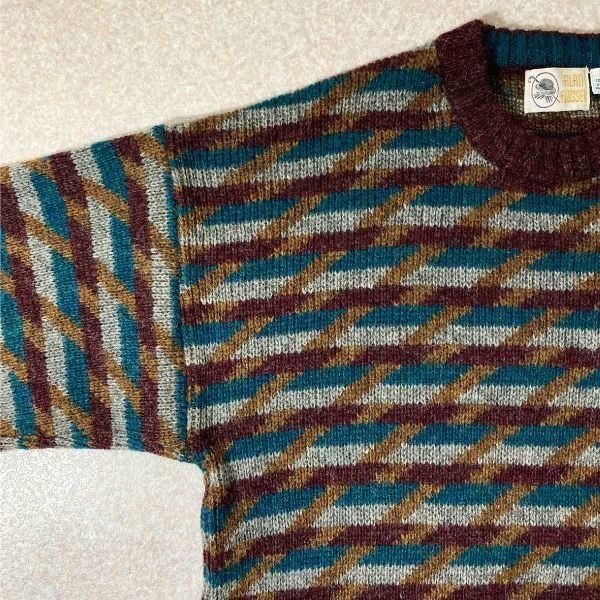 【 Clan Royal 】スコットランド製 シェットランド 幾何学 ニット セーター / L / ブラックホワイト 黒白 / イギリス 英国 ヨーロッパ 90s Peter England シェットランドウール ニットセーター グレー 幾何