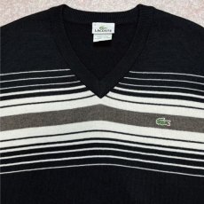 画像3: 「LACOSTE(ラコステ)」90s 4サイズ ブラック カスケードボーダー コットンウール Vネック ニット セーター (3)