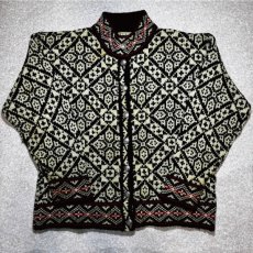 画像1: 「L.L.Bean(エルエルビーン)」80s Mサイズ USA製 幾何学模様 ウールナイロン ローゲージ ハイネック ノルウェー ニット カーディガン (1)