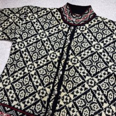 画像20: 「L.L.Bean(エルエルビーン)」80s Mサイズ USA製 幾何学模様 ウールナイロン ローゲージ ハイネック ノルウェー ニット カーディガン (20)