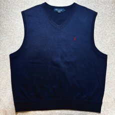 画像1: 「POLO GOLF RALPH LAUREN(ポロゴルフラルフローレン)」80s 90s XLサイズ USA製 コットン ネイビー ポニー刺繍 ニット ベスト (1)