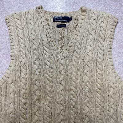 画像1: 「Polo by Ralph Lauren (ポロラルフローレン)」90s 00s 10s Lサイズ コットン 生成り ケーブル編み ニット ベスト