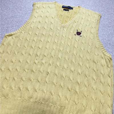 画像3: 「Polo by Ralph Lauren (ポロラルフローレン)」90s 00s 10s XLサイズ コットン イエロー ゴルフ刺繍 ケーブル編み ニット ベスト