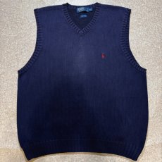 画像1: 「Polo by Ralph Lauren (ポロラルフローレン)」90s 00s 10s XXLサイズ コットン ネイビー ポニー刺繍 ローゲージ ニット ベスト (1)