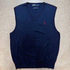 画像1: 「Polo by Ralph Lauren (ポロラルフローレン)」90s 00s 10s Lサイズ ピマコットン ネイビー ポニー刺繍 ニット ベスト (1)