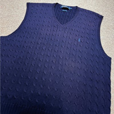 画像3: 「Polo by Ralph Lauren (ポロラルフローレン)」90s 00s 10s XLサイズ コットン ネイビー ポニー刺繍 ケーブル編み ニット ベスト