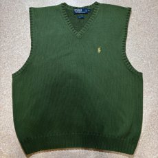 画像1: 「Polo by Ralph Lauren (ポロラルフローレン)」90s 00s 10s XLサイズ コットン ミリタリーグリーン ポニー刺繍 ローゲージ ニット ベスト (1)