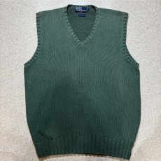 画像1: 「Polo by Ralph Lauren (ポロラルフローレン)」90s 00s 10s Lサイズ コットン ダスティグリーン ローゲージ ニット ベスト (1)