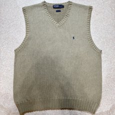 画像1: 「Polo by Ralph Lauren (ポロラルフローレン)」90s 00s 10s XLサイズ コットン グレージュ ポニー刺繍 ローゲージ ニット ベスト (1)