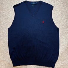 画像1: 「POLO RALPH LAUREN(ポロラルフローレン)」10s 20s XLサイズ ピマコットン ネイビー ポニー刺繍 ニット ベスト (1)