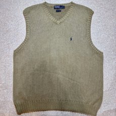 画像1: 「Polo by Ralph Lauren (ポロラルフローレン)」90s 00s 10s XLサイズ コットン グレージュ ポニー刺繍 ローゲージ ニット ベスト (1)