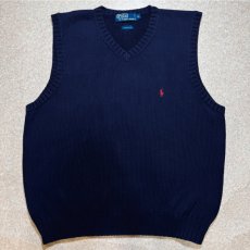 画像1: 「Polo by Ralph Lauren (ポロラルフローレン)」90s 00s 10s XLサイズ コットン ネイビー ポニー刺繍 ローゲージ ニット ベスト (1)