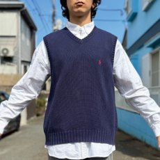 画像15: 「Polo by Ralph Lauren (ポロラルフローレン)」90s 00s 10s XLサイズ コットン ネイビー ポニー刺繍 ローゲージ ニット ベスト (15)