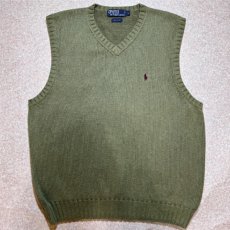 画像1: 「Polo by Ralph Lauren (ポロラルフローレン)」90s 00s 10s Lサイズ コットン オリーブ ポニー刺繍 ローゲージ ニット ベスト (1)