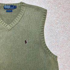 画像4: 「Polo by Ralph Lauren (ポロラルフローレン)」90s 00s 10s Lサイズ コットン オリーブ ポニー刺繍 ローゲージ ニット ベスト (4)