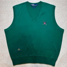 画像1: 「Polo by Ralph Lauren (ポロラルフローレン)」90s 00s 10s Lサイズ コットン グリーン ゴルフ エンブレム刺繍 ニット ベスト (1)