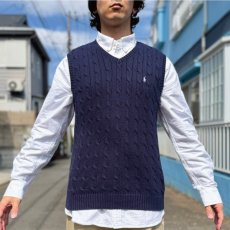 画像16: 「Polo by Ralph Lauren (ポロラルフローレン)」90s 00s 10s ボーイズ L(16/18) Mサイズ相当 コットン ネイビー ケーブル編み ポニー刺繍 ニット ベスト (16)