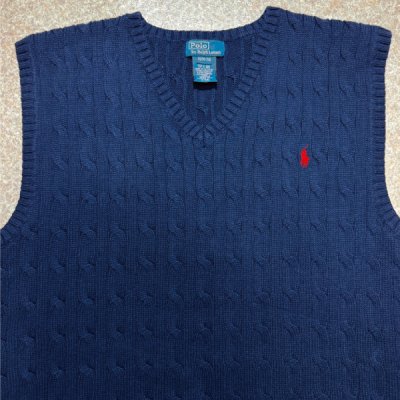 画像2: 「Polo by Ralph Lauren (ポロラルフローレン)」90s 00s 10s ボーイズ XL(18-20) M〜Lサイズ相当 コットン ネイビー ケーブル編み ポニー刺繍 ニット ベスト
