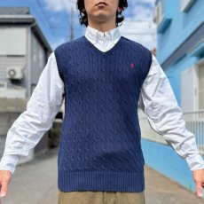 画像16: 「Polo by Ralph Lauren (ポロラルフローレン)」90s 00s 10s ボーイズ XL(18-20) M〜Lサイズ相当 コットン ネイビー ケーブル編み ポニー刺繍 ニット ベスト (16)