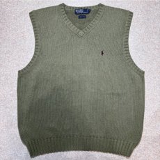 画像1: 「Polo by Ralph Lauren (ポロラルフローレン)」90s 00s 10s Lサイズ コットン オリーブ ポニー刺繍 ローゲージ ニット ベスト (1)