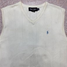画像3: 「POLO GOLF RALPH LAUREN(ポロゴルフラルフローレン)」80s 90s Mサイズ USA製 コットン オフホワイト ポニー刺繍 ストライプ ニット ベスト (3)