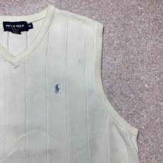画像4: 「POLO GOLF RALPH LAUREN(ポロゴルフラルフローレン)」80s 90s Mサイズ USA製 コットン オフホワイト ポニー刺繍 ストライプ ニット ベスト (4)