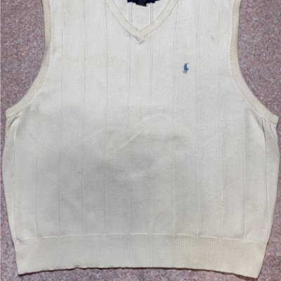 画像2: 「POLO GOLF RALPH LAUREN(ポロゴルフラルフローレン)」80s 90s Mサイズ USA製 コットン オフホワイト ポニー刺繍 ストライプ ニット ベスト