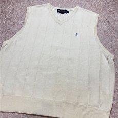 画像13: 「POLO GOLF RALPH LAUREN(ポロゴルフラルフローレン)」80s 90s Mサイズ USA製 コットン オフホワイト ポニー刺繍 ストライプ ニット ベスト (13)