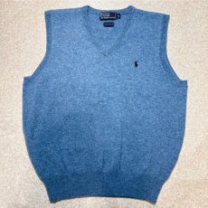 画像1: 「Polo by Ralph Lauren (ポロラルフローレン)」90s 00s 10s XLサイズ ラムズウール メランジブルー ポニー刺繍 ニット ベスト (1)