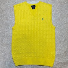 画像1: 「Polo by Ralph Lauren (ポロラルフローレン)」90s 00s 10s ボーイズ L(14/16) Sサイズ相当 コットン イエロー ケーブル編み ポニー刺繍 ニット ベスト (1)