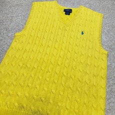 画像14: 「Polo by Ralph Lauren (ポロラルフローレン)」90s 00s 10s ボーイズ L(14/16) Sサイズ相当 コットン イエロー ケーブル編み ポニー刺繍 ニット ベスト (14)