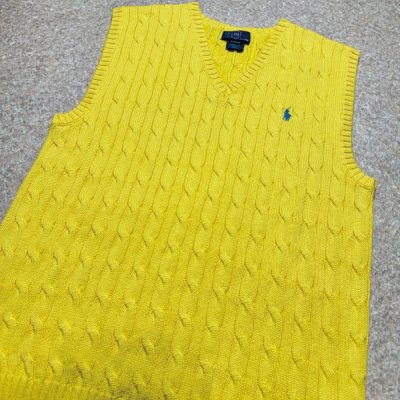 画像3: 「Polo by Ralph Lauren (ポロラルフローレン)」90s 00s 10s ボーイズ L(14/16) Sサイズ相当 コットン イエロー ケーブル編み ポニー刺繍 ニット ベスト