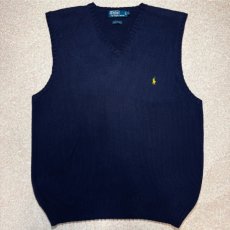 画像1: 「Polo by Ralph Lauren (ポロラルフローレン)」90s 00s 10s XLサイズ コットン ネイビー ポニー刺繍 ローゲージ ニット ベスト (1)