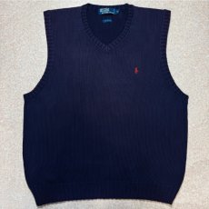 画像1: 「Polo by Ralph Lauren (ポロラルフローレン)」90s 00s 10s XLサイズ コットン ネイビー ポニー刺繍 ローゲージ ニット ベスト (1)