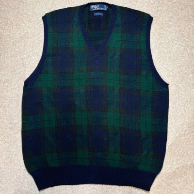 画像1: 「Polo by Ralph Lauren (ポロラルフローレン)」90s 00s 10s XL/XGサイズ コットン ブラックウォッチ ローゲージ ニット ベスト