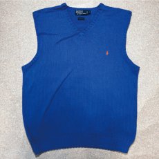 画像1: 「Polo by Ralph Lauren (ポロラルフローレン)」90s 00s 10s Lサイズ コットン ロイヤルブルー ポニー刺繍 ローゲージ ニット ベスト (1)