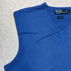 画像2: 「Polo by Ralph Lauren (ポロラルフローレン)」90s 00s 10s Lサイズ コットン ロイヤルブルー ポニー刺繍 ローゲージ ニット ベスト (2)