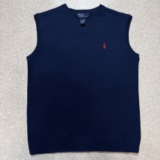 画像1: 「Polo by Ralph Lauren (ポロラルフローレン)」90s 00s 10s ボーイズ Lサイズ Sサイズ相当 コットン ネイビー ポニー刺繍 ローゲージ ニット ベスト (1)
