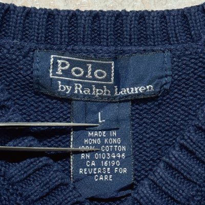 画像2: 「Polo by Ralph Lauren (ポロラルフローレン)」90s 00s 10s ボーイズ Lサイズ Sサイズ相当 コットン ネイビー ポニー刺繍 ローゲージ ニット ベスト