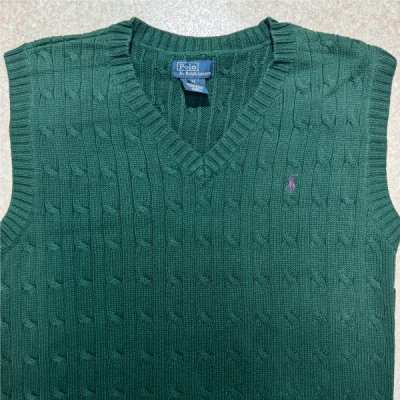 画像2: 「Polo by Ralph Lauren (ポロラルフローレン)」90s 00s 10s ボーイズ XL Sサイズ相当 コットン グリーン ケーブル編み ポニー刺繍 ニット ベスト