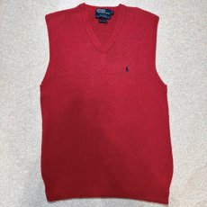画像1: 「Polo by Ralph Lauren (ポロラルフローレン)」90s 00s 10s Mサイズ リネン コットン レッド ポニー刺繍 ローゲージ ニット ベスト (1)