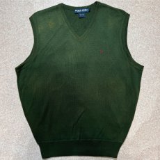 画像1: 「POLO GOLF RALPH LAUREN(ポロゴルフラルフローレン)」80s 90s Lサイズ コットン ミリタリーカーキ ポニー刺繍 ニット ベスト (1)