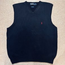 画像1: 「Polo by Ralph Lauren (ポロラルフローレン)」90s 00s 10s Lサイズ コットン ネイビー ポニー刺繍 ローゲージ ニット ベスト (1)