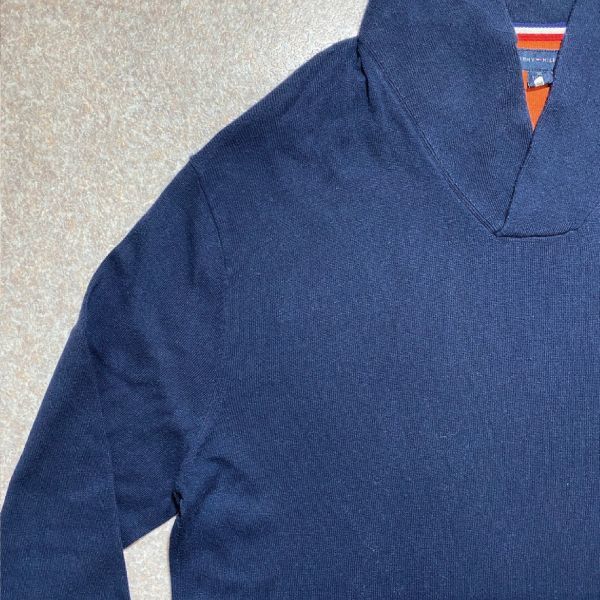 「Tommy Hilfiger(トミーヒルフィガー)」ワンポイント XLサイズ コットンモダール ネイビー ショールカラー ハイゲージ ニット