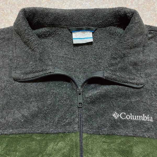 「Columbia(コロンビア)」Lサイズ チャコール×カーキ フルジップ ハイネック バイカラー フリースジャケット