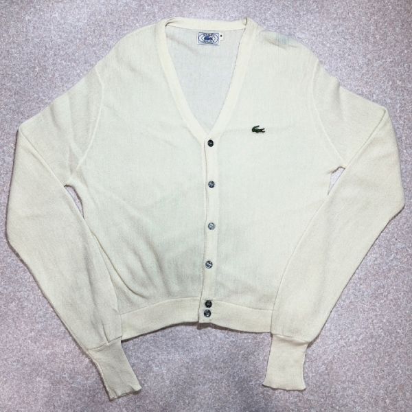 「LACOSTE(ラコステ)」IZOD アイゾッド 70s 80s 糸巻きタグ 青ワニ Mサイズ ホワイト アクリルニット カーディガン