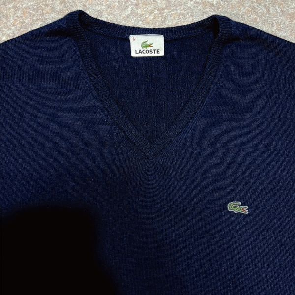 「LACOSTE(ラコステ)」90s 6サイズ ネイビー ウール ウールマーク Vネック ニット セーター