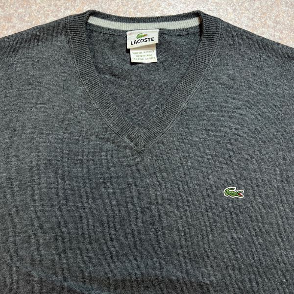 「LACOSTE(ラコステ)」90s 7サイズ チャコールグレー コットン Vネック ニット セーター